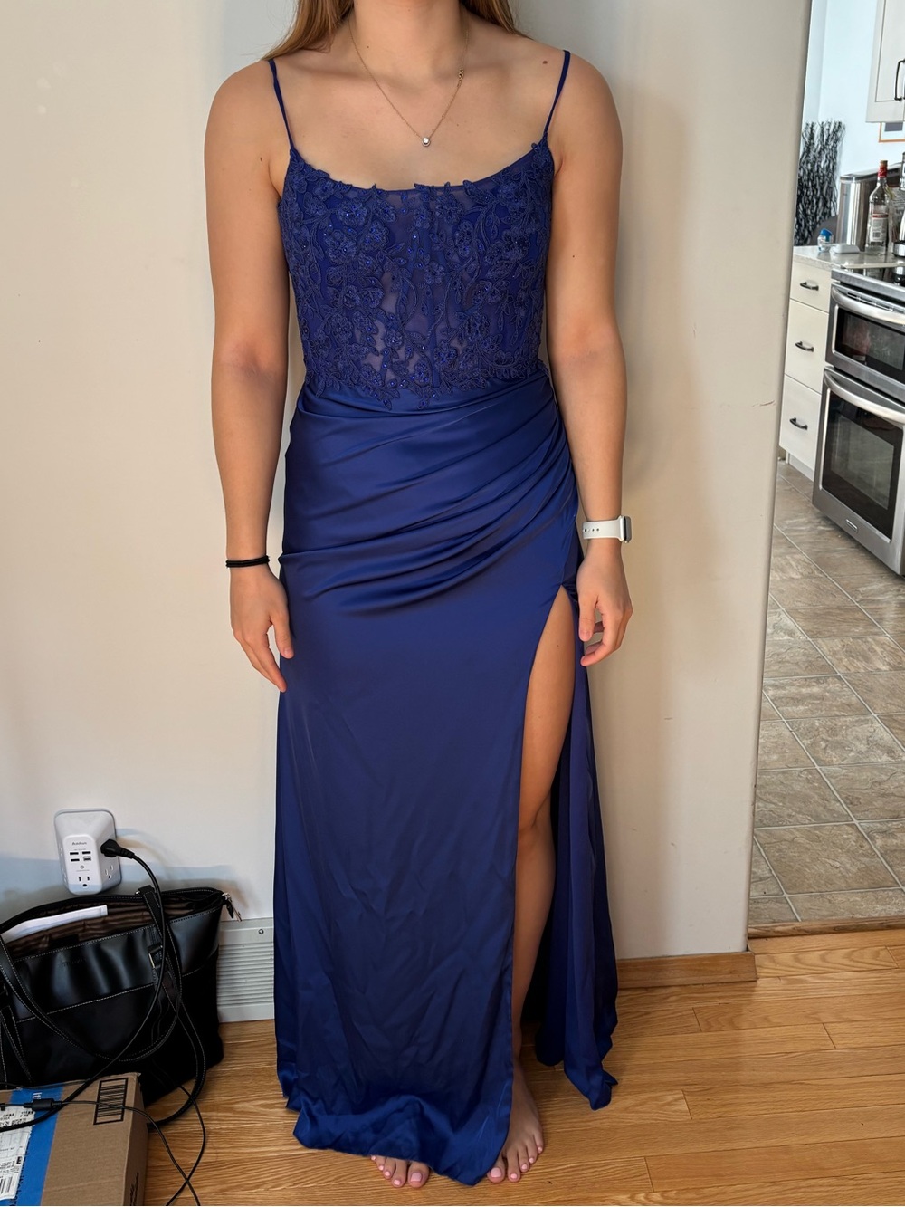 Elegant Royal Blue Lace Bodice Evening Gown with High Slit